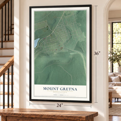 Mount Gretna, Pennsylvania map, 24 x 36 inch print in a black frame by a staircase