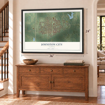 Johnston City, Illinois map, 24 x 36 inch print in a black frame above a dresser by a staircase