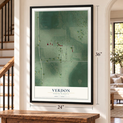 Verdon, South Dakota map, 24 x 36 inch print in a black frame by a staircase