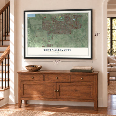 West Valley City, Utah map, 24 x 36 inch print in a black frame above a dresser by a staircase