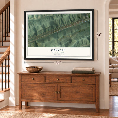Oakvale, West Virginia map, 24 x 36 inch print in a black frame above a dresser by a staircase