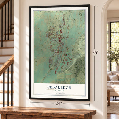 Cedaredge, Colorado map, 24 x 36 inch print in a black frame by a staircase