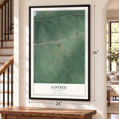 Lotsee, Oklahoma map, 24 x 36 inch print in a black frame by a staircase