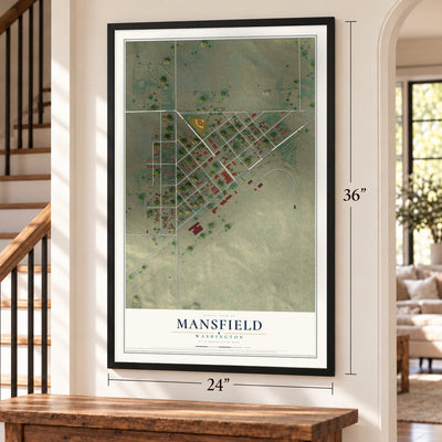 Mansfield, Washington map, 24 x 36 inch print in a black frame by a staircase