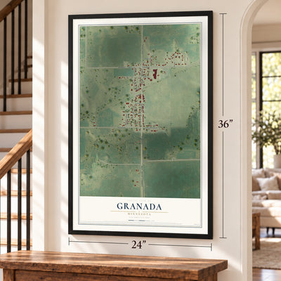 Granada, Minnesota map, 24 x 36 inch print in a black frame by a staircase