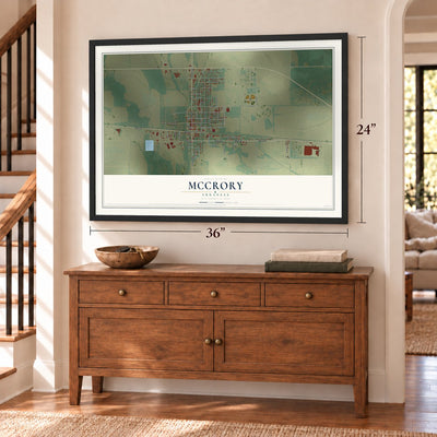 McCrory, Arkansas map, 24 x 36 inch print in a black frame above a dresser by a staircase