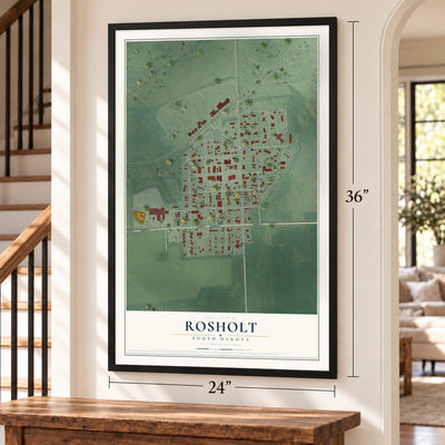 Rosholt, South Dakota map, 24 x 36 inch print in a black frame by a staircase