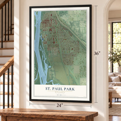 St. Paul Park, Minnesota map, 24 x 36 inch print in a black frame by a staircase