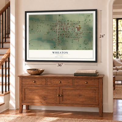 Wheaton, Missouri map, 24 x 36 inch print in a black frame above a dresser by a staircase