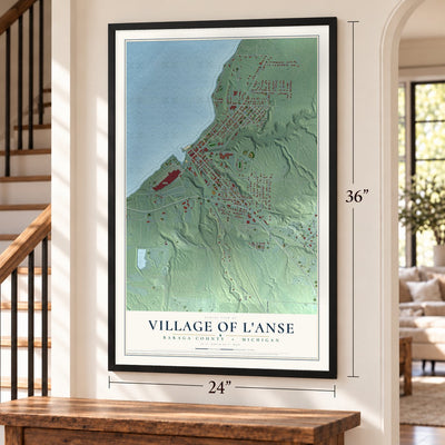 L'Anse, Michigan map, 24 x 36 inch print in a black frame by a staircase
