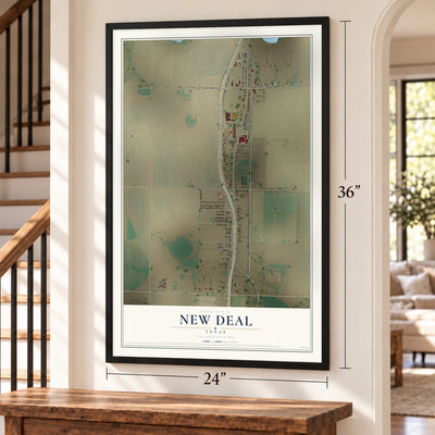New Deal, Texas map, 24 x 36 inch print in a black frame by a staircase