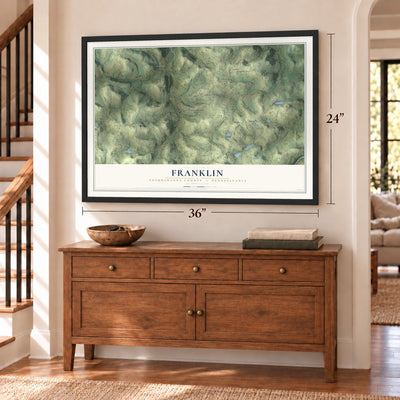 Franklin, Susquehanna County, Pennsylvania map, 24 x 36 inch print in a black frame above a dresser by a staircase