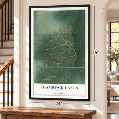 Shamrock Lakes, Indiana map, 24 x 36 inch print in a black frame by a staircase