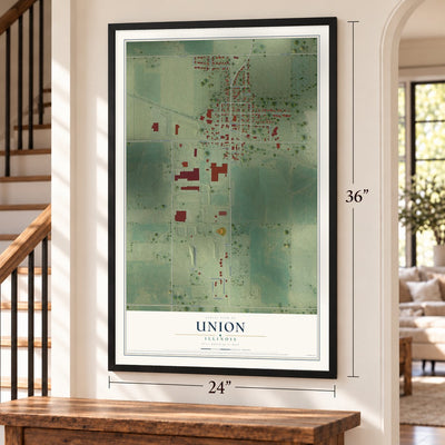 Union, Illinois map, 24 x 36 inch print in a black frame by a staircase