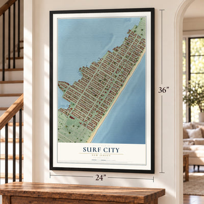 Surf City, New Jersey map, 24 x 36 inch print in a black frame by a staircase