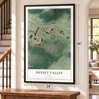 Sunset Valley, Texas map, 24 x 36 inch print in a black frame by a staircase