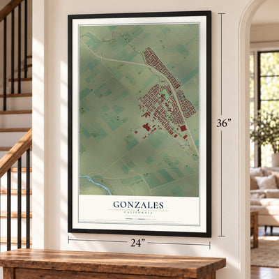 Gonzales, California map, 24 x 36 inch print in a black frame by a staircase