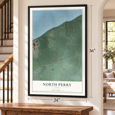 North Perry, Ohio map, 24 x 36 inch print in a black frame by a staircase