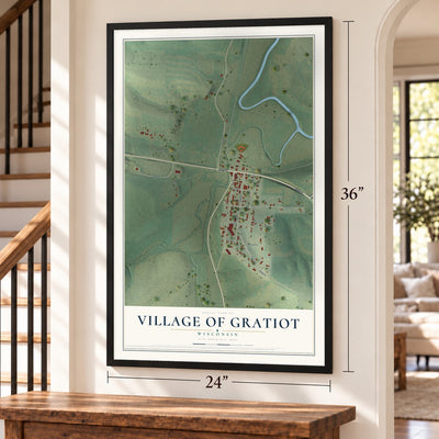 Gratiot, Wisconsin map, 24 x 36 inch print in a black frame by a staircase