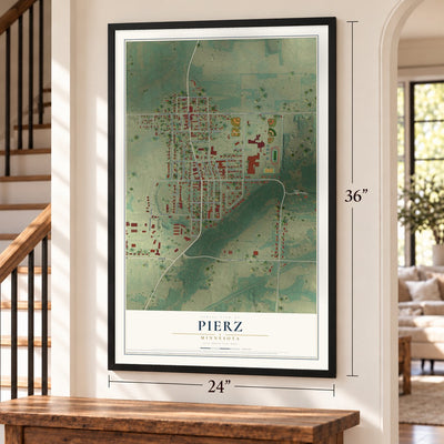Pierz, Minnesota map, 24 x 36 inch print in a black frame by a staircase