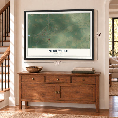 Merryville, Louisiana map, 24 x 36 inch print in a black frame above a dresser by a staircase