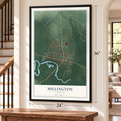 Millington, Maryland map, 24 x 36 inch print in a black frame by a staircase