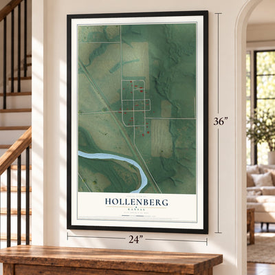 Hollenberg, Kansas map, 24 x 36 inch print in a black frame by a staircase