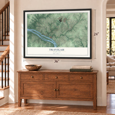 Travilah, Maryland map, 24 x 36 inch print in a black frame above a dresser by a staircase