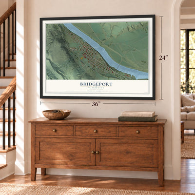 Bridgeport, Washington map, 24 x 36 inch print in a black frame above a dresser by a staircase