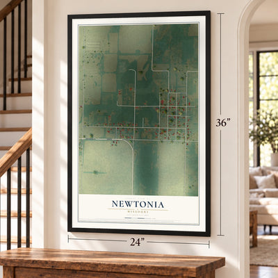 Newtonia, Missouri map, 24 x 36 inch print in a black frame by a staircase