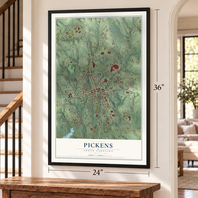Pickens, South Carolina map, 24 x 36 inch print in a black frame by a staircase