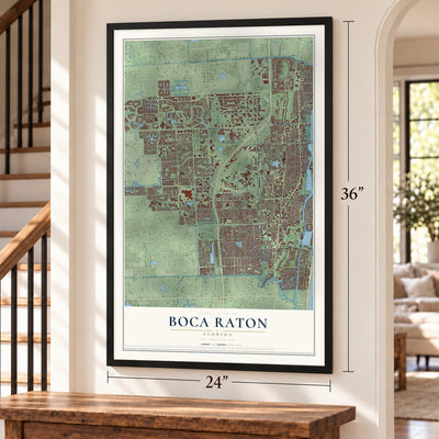 Boca Raton, Florida map, 24 x 36 inch print in a black frame by a staircase