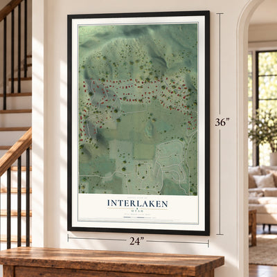 Interlaken, Utah map, 24 x 36 inch print in a black frame by a staircase