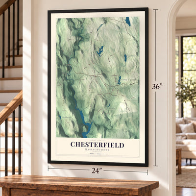 Chesterfield, Massachusetts map, 24 x 36 inch print in a black frame by a staircase