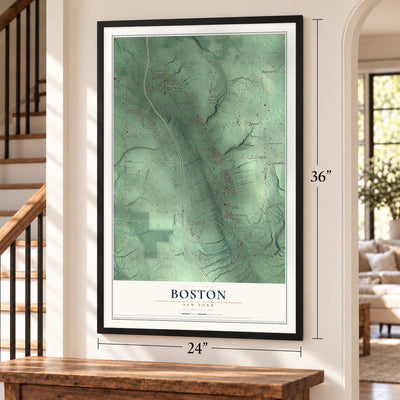 Boston, New York map, 24 x 36 inch print in a black frame by a staircase