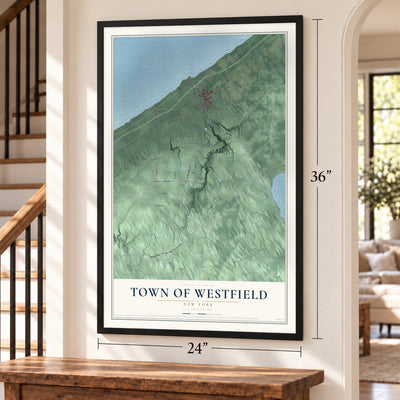 Town of Westfield, New York map, 24 x 36 inch print in a black frame by a staircase