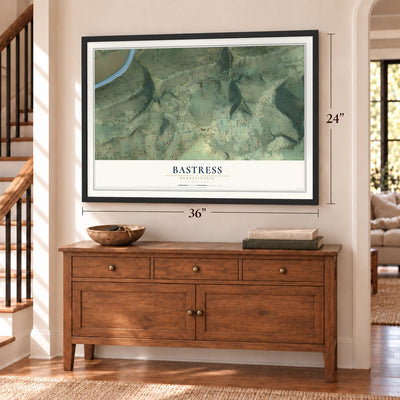 Bastress, Pennsylvania map, 24 x 36 inch print in a black frame above a dresser by a staircase