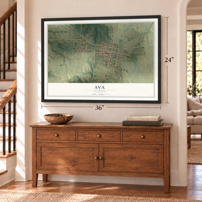 Ava, Illinois map, 24 x 36 inch print in a black frame above a dresser by a staircase