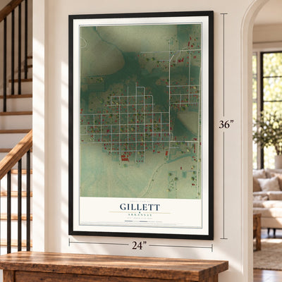 Gillett, Arkansas map, 24 x 36 inch print in a black frame by a staircase