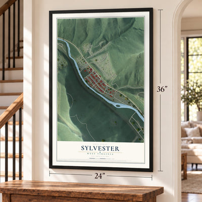 Sylvester, West Virginia map, 24 x 36 inch print in a black frame by a staircase