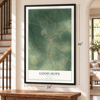 Good Hope, Georgia map, 24 x 36 inch print in a black frame by a staircase