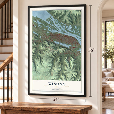 Winona, Minnesota map, 24 x 36 inch print in a black frame by a staircase