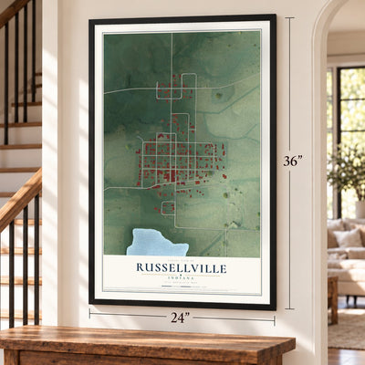 Russellville, Indiana map, 24 x 36 inch print in a black frame by a staircase