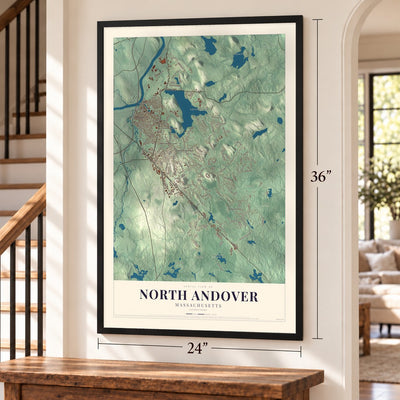 North Andover, Massachusetts map, 24 x 36 inch print in a black frame by a staircase