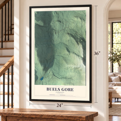 Buels Gore, Vermont map, 24 x 36 inch print in a black frame by a staircase