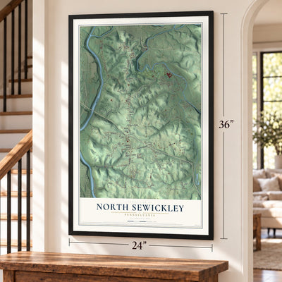 North Sewickley, Pennsylvania map, 24 x 36 inch print in a black frame by a staircase