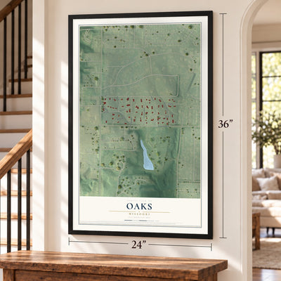 Oaks, Missouri map, 24 x 36 inch print in a black frame by a staircase