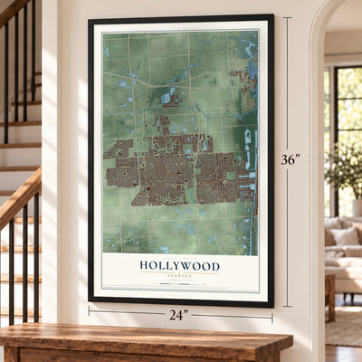 Hollywood, Florida map, 24 x 36 inch print in a black frame by a staircase