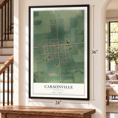 Carsonville, Michigan map, 24 x 36 inch print in a black frame by a staircase