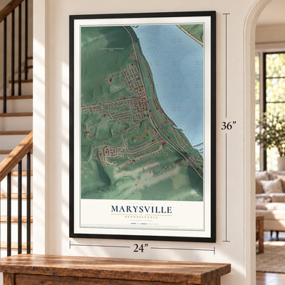 Marysville, Pennsylvania map, 24 x 36 inch print in a black frame by a staircase